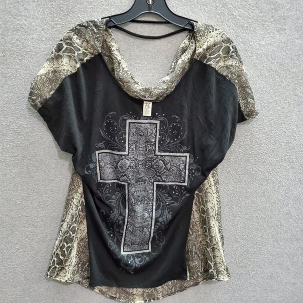 Hybrid‎ Women Top 1x Black Snakeskin Blouse Rhinestone Semi Sheer Cross Pullover